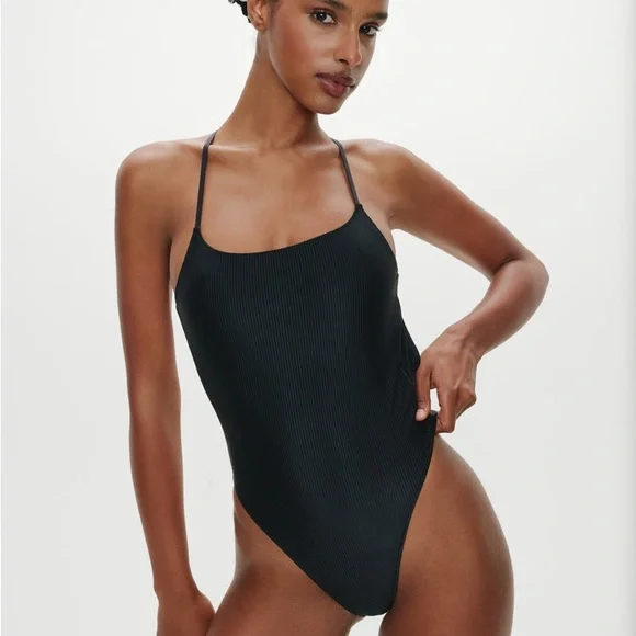 Frankie's Bikinis Black Ribbed Crisscross Back One-Piece Swimsuit - Picture 6 of 6